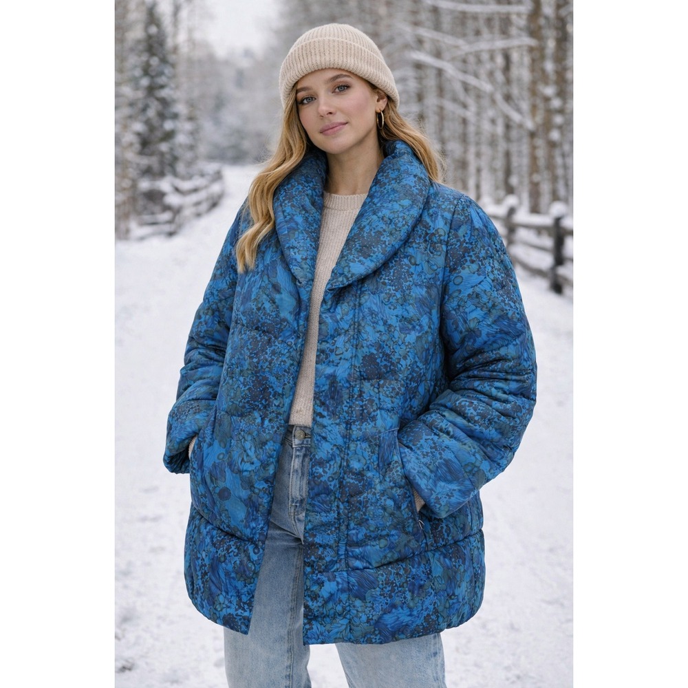 VtGallery Blue Floral Quilted‎ Down Puffer Coat Jacket XS 80s 90s Retro